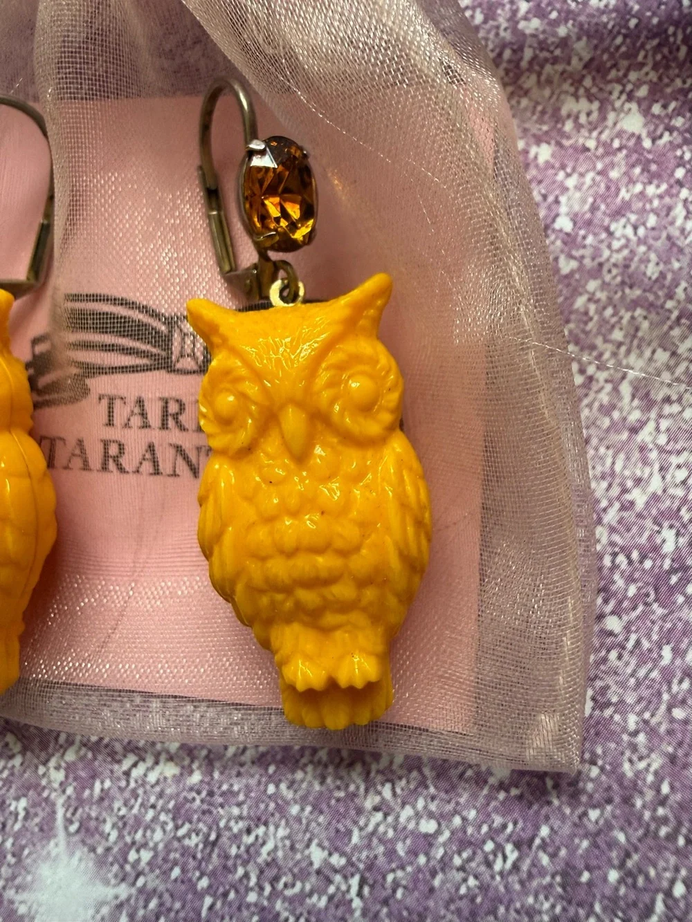 Rare Tarina Tarantino Vintage Owl Yellow Lucite Topaz Crystal Leverback Earrings